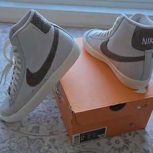 Nike White High-Top Sneakers with Taupe Snakeskin Swoosh